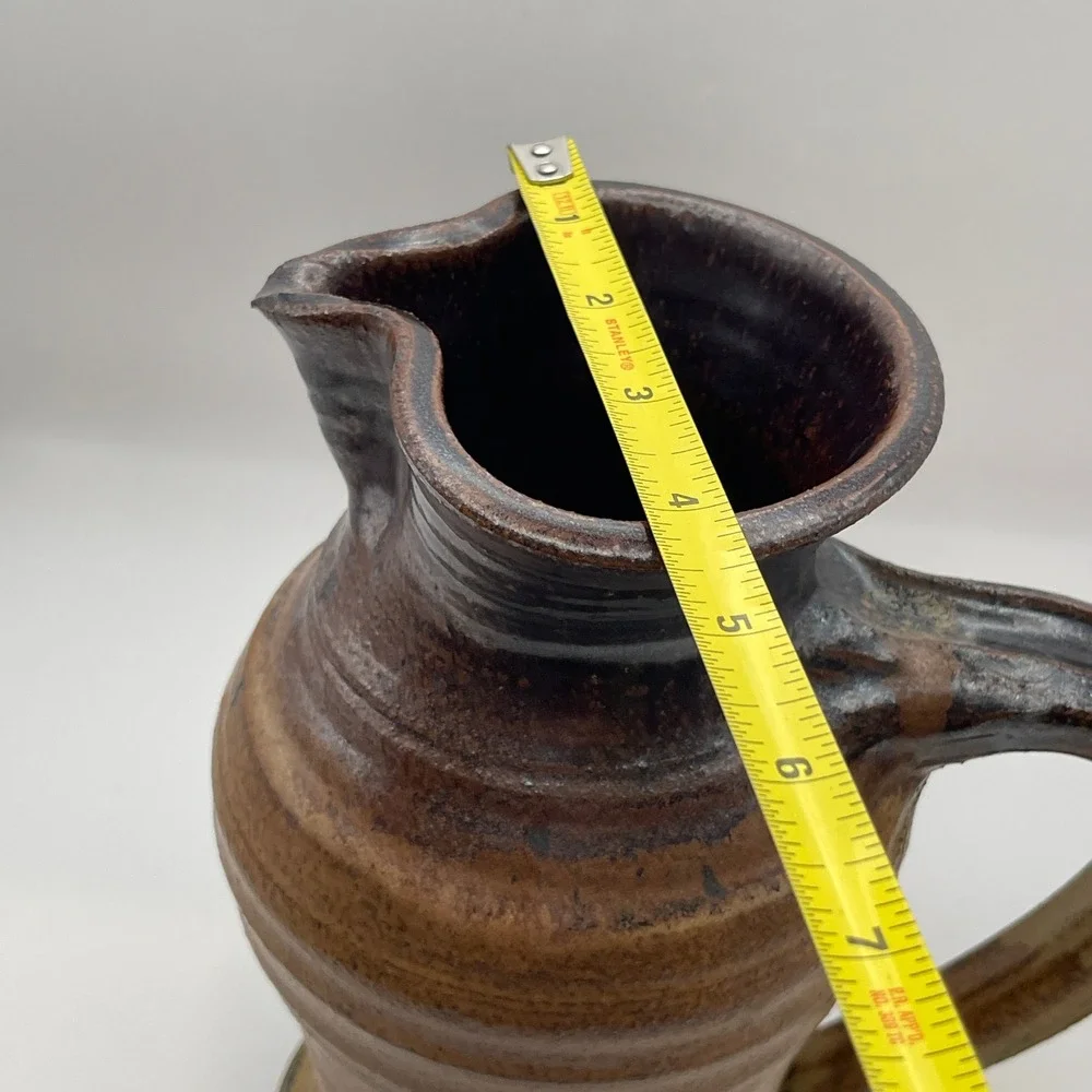 Studio Pottery Hand Thrown Brown Glazed Ribbed Pitcher Artist Signed 8.5